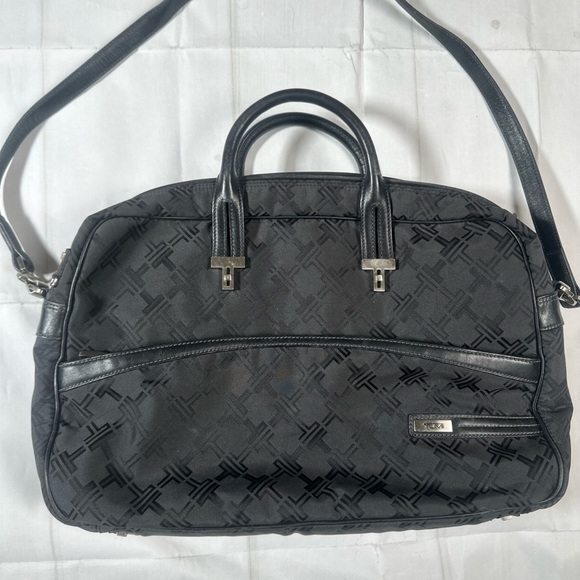 Tumi Black Monogram Laptop Briefcase With Leather Handles And Strap